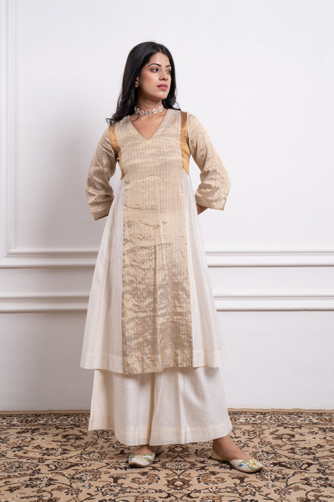 Color Block Gold Zari Kurta with Woven Chanderi Dupatta & Palazzo (Set of 3)