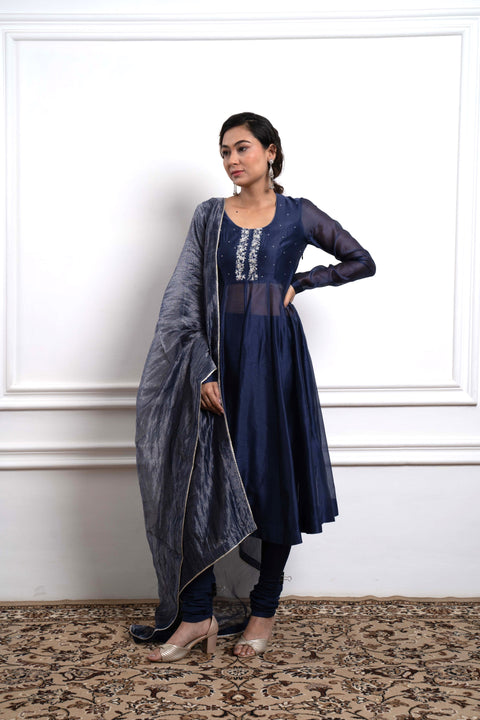 Shop Embroidered Blue Chanderi Anarkali Kurta and Churidar (Set of 2) - By Vinusto
