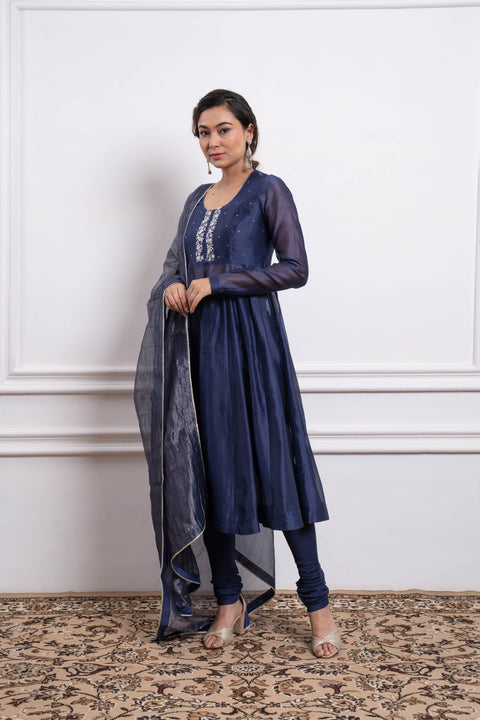 Buy Embroidered Blue Chanderi Anarkali Kurta and Churidar (Set of 2) - By Vinusto
