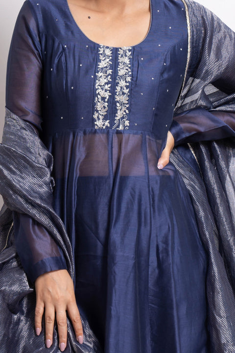 Order Embroidered Blue Chanderi Anarkali Kurta and Churidar (Set of 2) - By Vinusto
