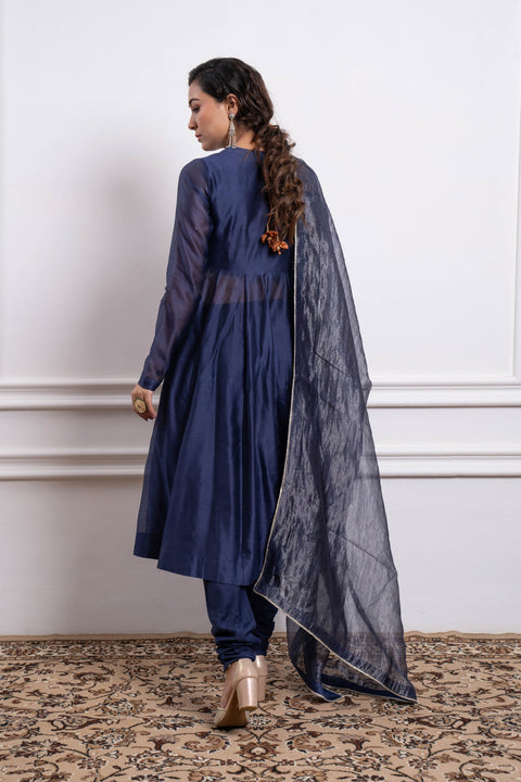 Luxury Embroidered Blue Chanderi Anarkali Kurta and Churidar (Set of 2) - By Vinusto
