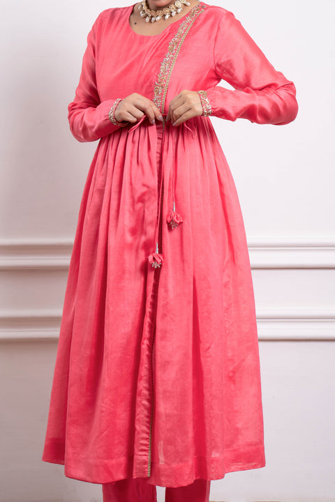 Luxury Embroidered Pink Anarkali with Pants in Chanderi Handloom (Set of 2) - By Vinusto
