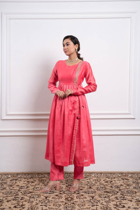 Buy Embroidered Pink Anarkali with Pants in Chanderi Handloom (Set of 2) - By Vinusto

