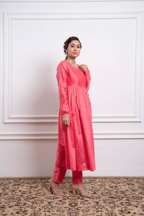 Order Embroidered Pink Anarkali with Pants in Chanderi Handloom (Set of 2) - By Vinusto
