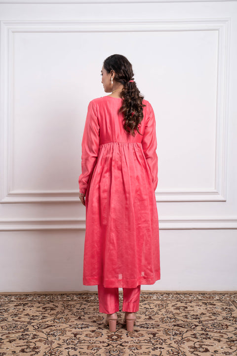 100% authentic Embroidered Pink Anarkali with Pants in Chanderi Handloom (Set of 2) - By Vinusto
