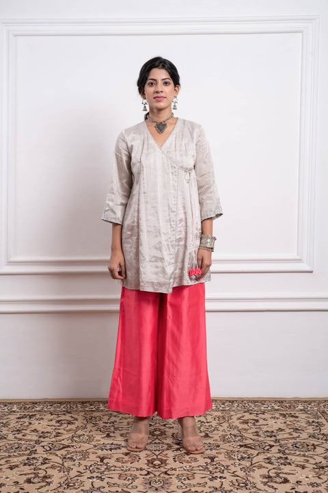 Order Embroidered Zari Wrap Kurta with Pink Chanderi Palazzo & Dupatta (Set of 3) by Vinusto
