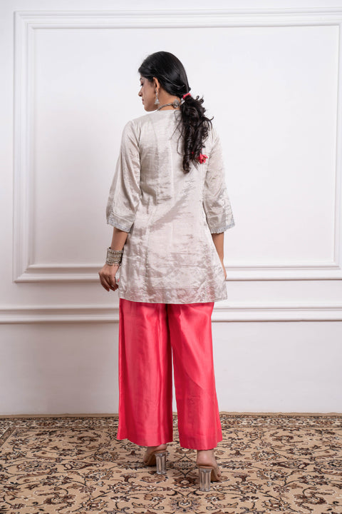 Embroidered Zari Wrap Kurta with Pink Chanderi Palazzo & Dupatta (Set of 3) - Handcrafted in India by Vinusto
