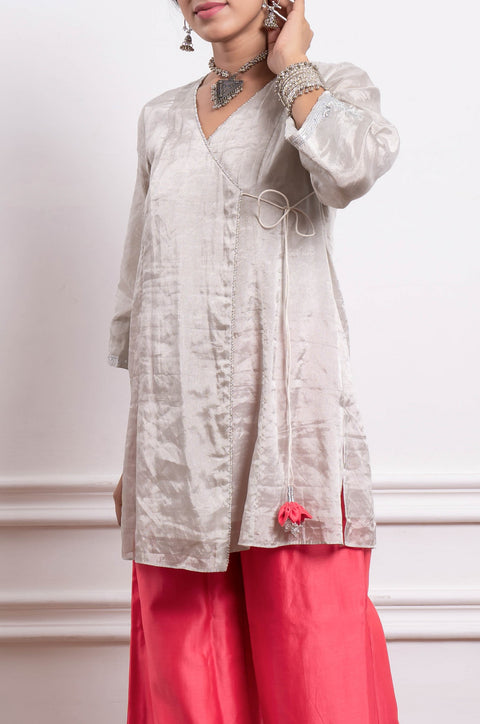 100% authentic  Embroidered Zari Wrap Kurta with Pink Chanderi Palazzo & Dupatta (Set of 3) by Vinusto
