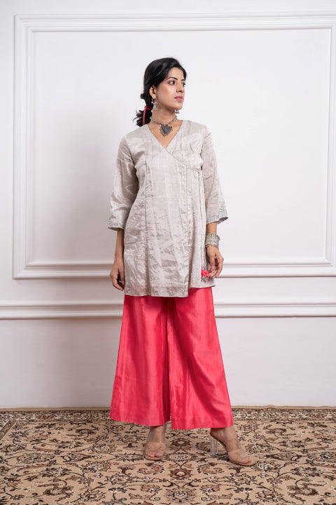 Luxury Embroidered Zari Wrap Kurta with Pink Chanderi Palazzo & Dupatta (Set of 3) by Vinusto
