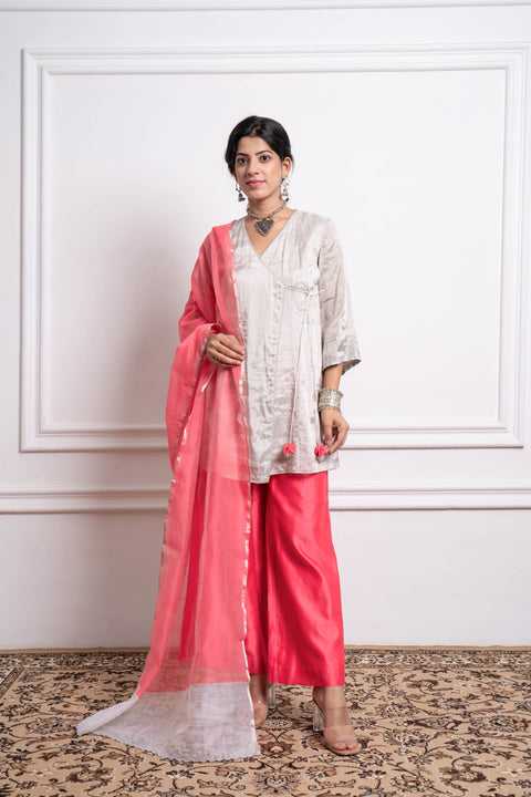 Shop Embroidered Zari Wrap Kurta with Pink Chanderi Palazzo & Dupatta (Set of 3) by Vinusto
