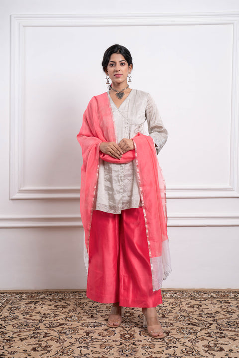 Buy Embroidered Zari Wrap Kurta with Pink Chanderi Palazzo & Dupatta (Set of 3) by Vinusto

