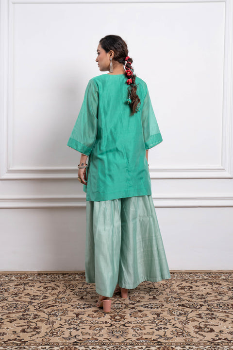 100% authenticAqua Short Kurta with Mint Flare Palazzo & Dupatta in Chanderi Handloom (Set of 3) - By Vinusto 