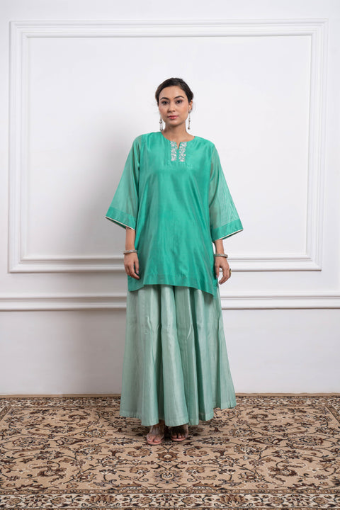 Handcrafted Aqua Short Kurta with Mint Flare Palazzo & Dupatta in Chanderi Handloom (Set of 3) - By Vinusto