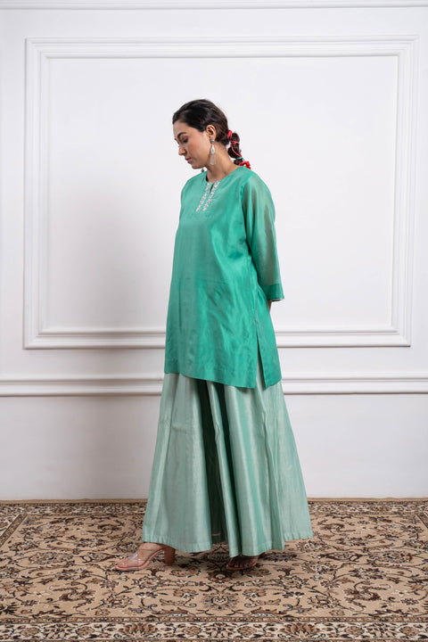Luxury Aqua Short Kurta with Mint Flare Palazzo & Dupatta in Chanderi Handloom (Set of 3) - By Vinusto 
