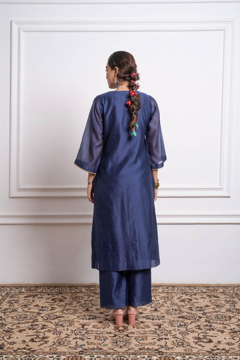 100% authentic Embroidered Straight Kurta & Pants in Blue Chanderi (Set of 2) by Vinusto 