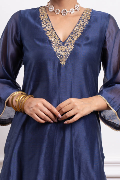 Luxury Embroidered Straight Kurta & Pants in Blue Chanderi (Set of 2) by Vinusto