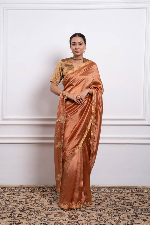 Buy Embroidered Saffron Brown Silk Saree - By Vinusto