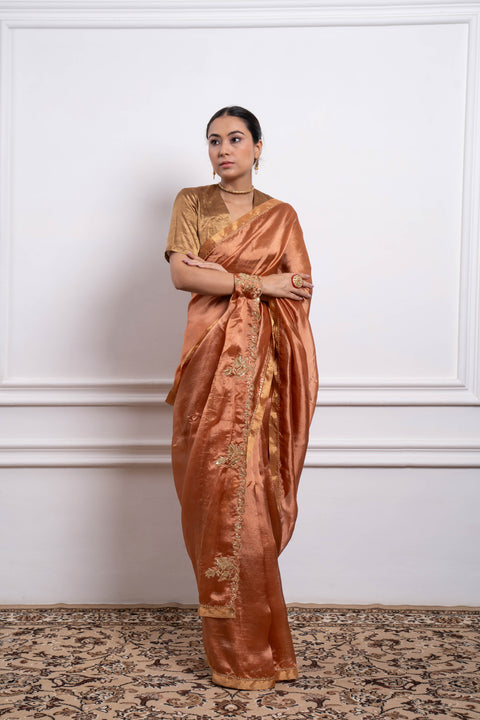 Designer Saffron Silk Saree With Gold Zari Blouse (Set Of 2) - By Vinusto