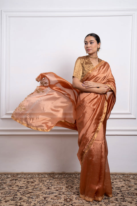 Shop Saffron Silk Saree With Gold Zari Blouse (Set Of 2)at Best Price online - By Vinusto