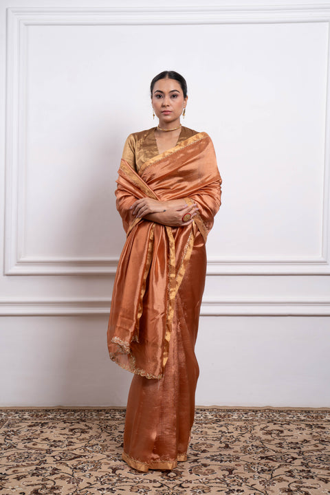 Order Saffron Silk Saree With Gold Zari Blouse (Set Of 2) - By Vinusto