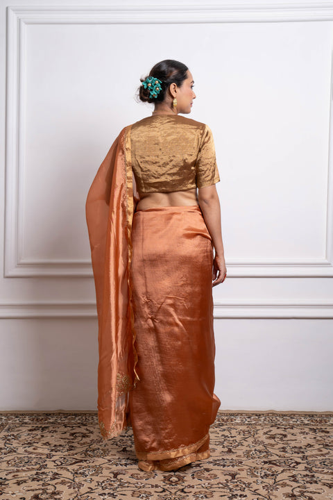 Best Saffron Silk Saree With Gold Zari Blouse (Set Of 2) - By Vinusto