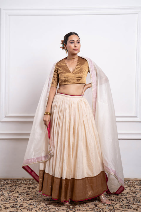 Buy Lehenga Set: Ivory Stripe Chanderi Skirt With Gold Zari Blouse And Embroidered Dupatta (Set Of 3) - By Vinusto