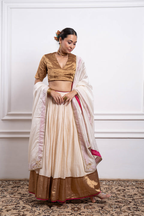 Order Lehenga Set: Ivory Stripe Chanderi Skirt With Gold Zari Blouse And Embroidered Dupatta (Set Of 3) - By Vinusto