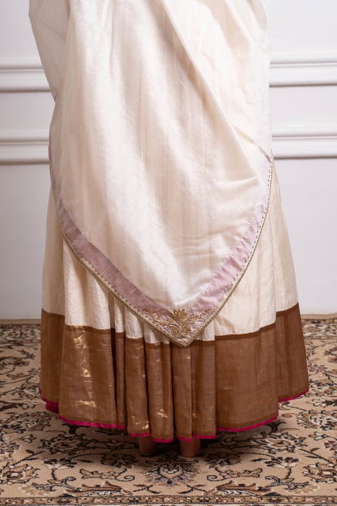 Pure- Luxury Lehenga Set: Ivory Stripe Chanderi Skirt With Gold Zari Blouse And Embroidered Dupatta (Set Of 3) - By Vinusto
