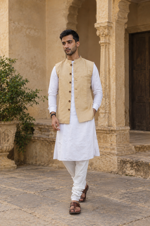 Offwhite Handloom Silk Kurta with Gold Zari Weave Jacket and Cotton Pajama (Set of 3)