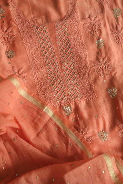 Chanderi Chikankari Kurta & Dupatta in Tangerine Orange (Set of 2)