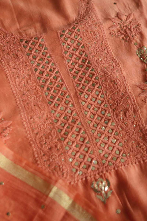 Chanderi Chikankari Kurta & Dupatta in Tangerine Orange (Set of 2)