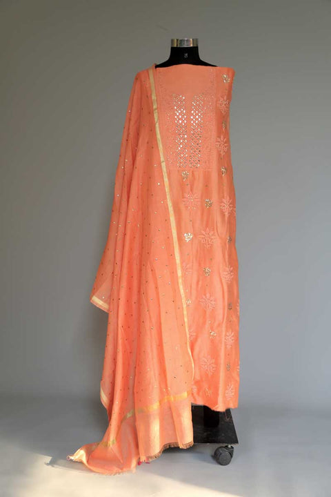 Chanderi Chikankari Kurta & Dupatta in Tangerine Orange (Set of 2)