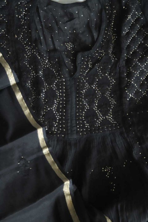 Mulmul Chikankari Kurta and Chanderi Dupatta in Black (Set of 2)
