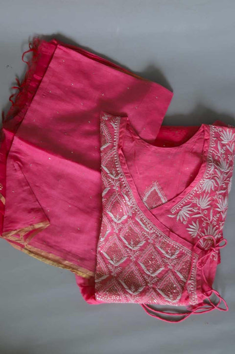 Chanderi Chikankari Angrakha Kurta & Dupatta in Hot Pink (Set of 2)