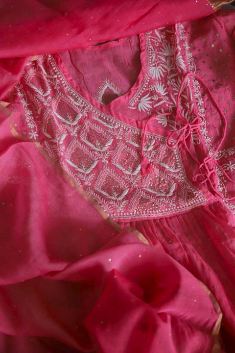 Chanderi Chikankari Angrakha Kurta & Dupatta in Hot Pink (Set of 2)