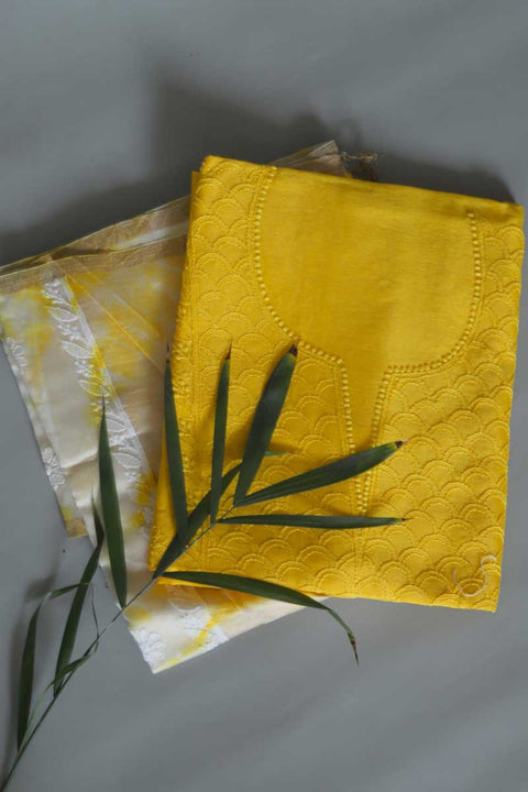 Chanderi Chikankari Kurta & Shibori Dupatta in Yellow & Off White (Set of 2)