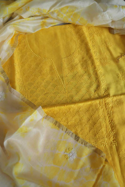 Chanderi Chikankari Kurta & Shibori Dupatta in Yellow & Off White (Set of 2)
