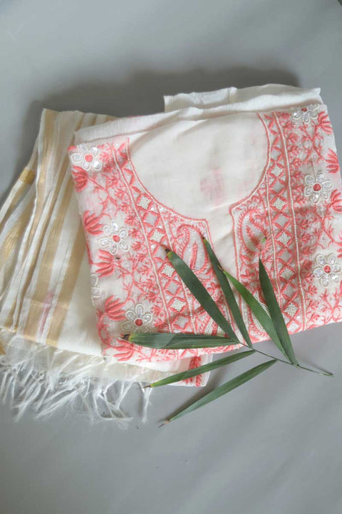 Mulmul Chikankari Kurta and Dupatta in Ivory and Pink (Set of 2)