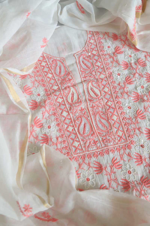 Mulmul Chikankari Kurta and Dupatta in Ivory and Pink (Set of 2)