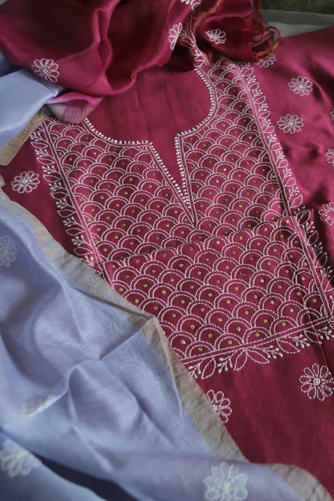 Chanderi Chikankari Kurta & Dupatta in Plum Pink and Blue (Set of 2)