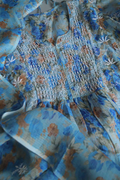 Floral Blue Chikankari Kurta & Dupatta in Kota Doria (Set of 2)