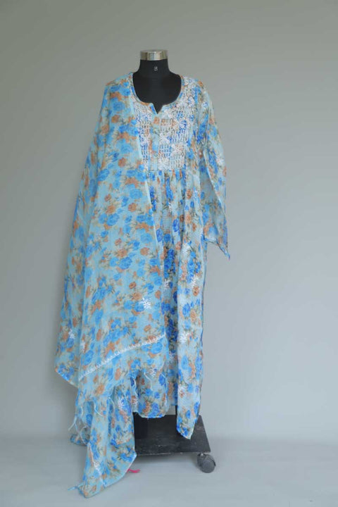 Floral Blue Chikankari Kurta & Dupatta in Kota Doria (Set of 2)