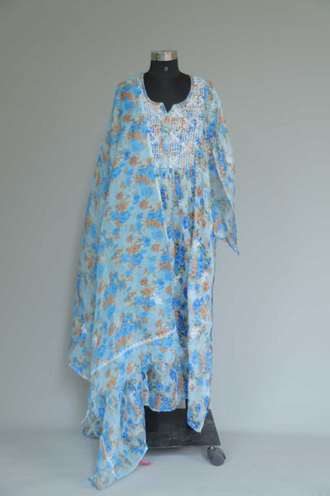 Floral Blue Chikankari Kurta & Dupatta in Kota Doria (Set of 2)