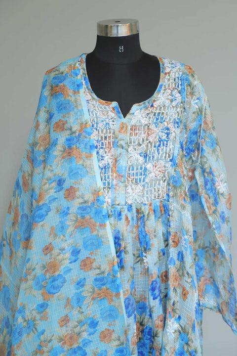 Floral Blue Chikankari Kurta & Dupatta in Kota Doria (Set of 2)