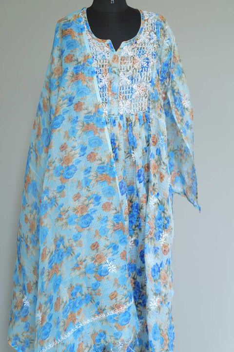Floral Blue Chikankari Kurta & Dupatta in Kota Doria (Set of 2)