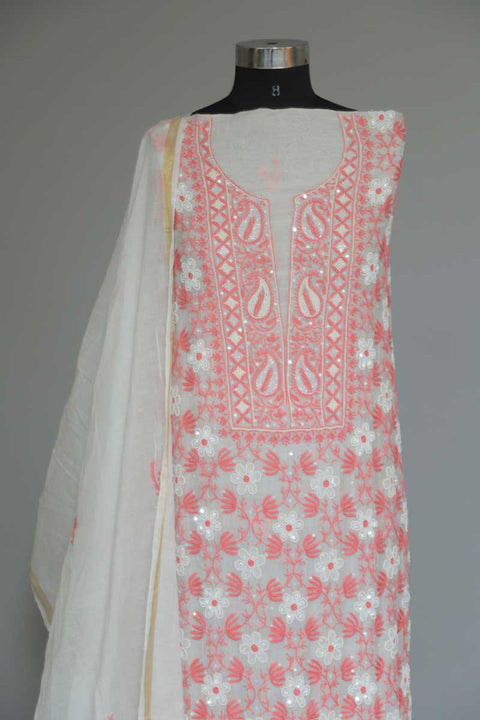 Mulmul Chikankari Kurta and Dupatta in Ivory and Pink (Set of 2)