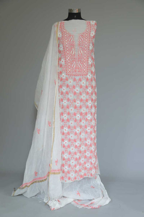 Mulmul Chikankari Kurta and Dupatta in Ivory and Pink (Set of 2)