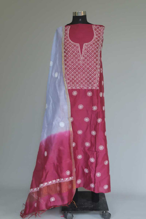 Chanderi Chikankari Kurta & Dupatta in Plum Pink and Blue (Set of 2)