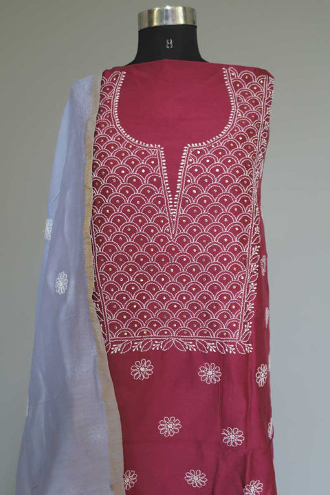 Chanderi Chikankari Kurta & Dupatta in Plum Pink and Blue (Set of 2)