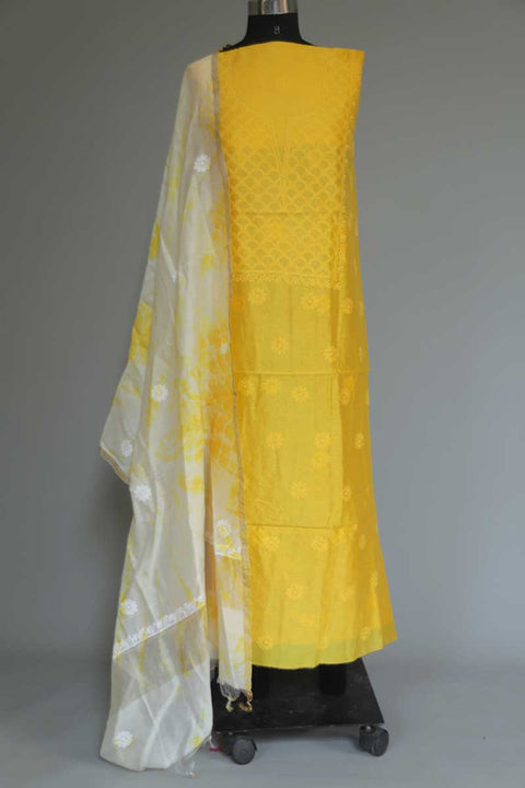 Chanderi Chikankari Kurta & Shibori Dupatta in Yellow & Off White (Set of 2)
